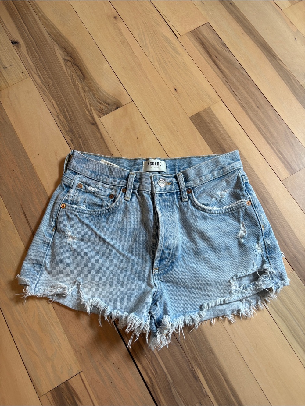 Agolde Light Wash Frayed Hem Denim Shorts